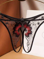 Women's Floral Embroidered Mesh Thongs with Open Crotch Sexy Lingerie