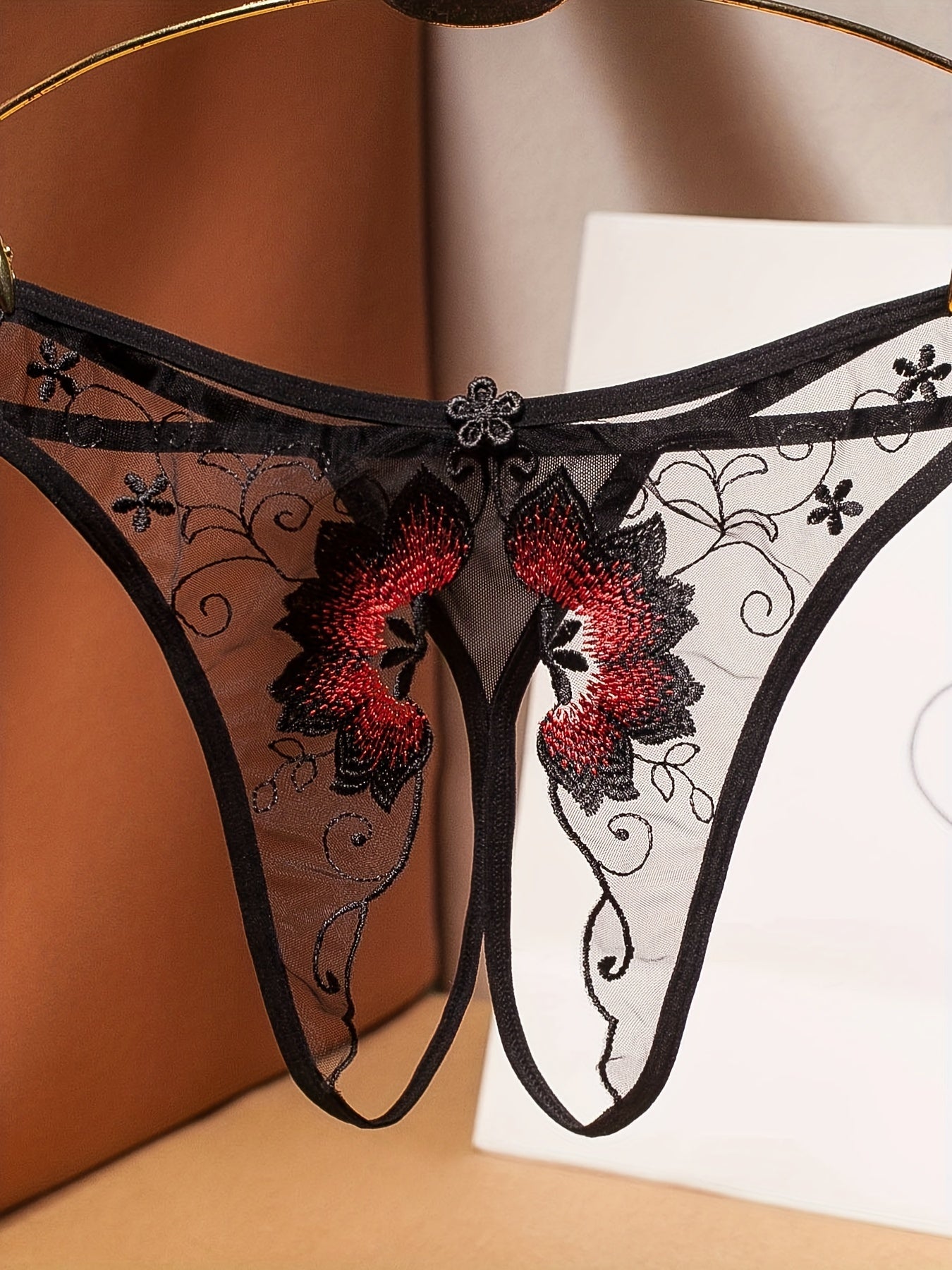 Women's Floral Embroidered Mesh Thongs with Open Crotch Sexy Lingerie