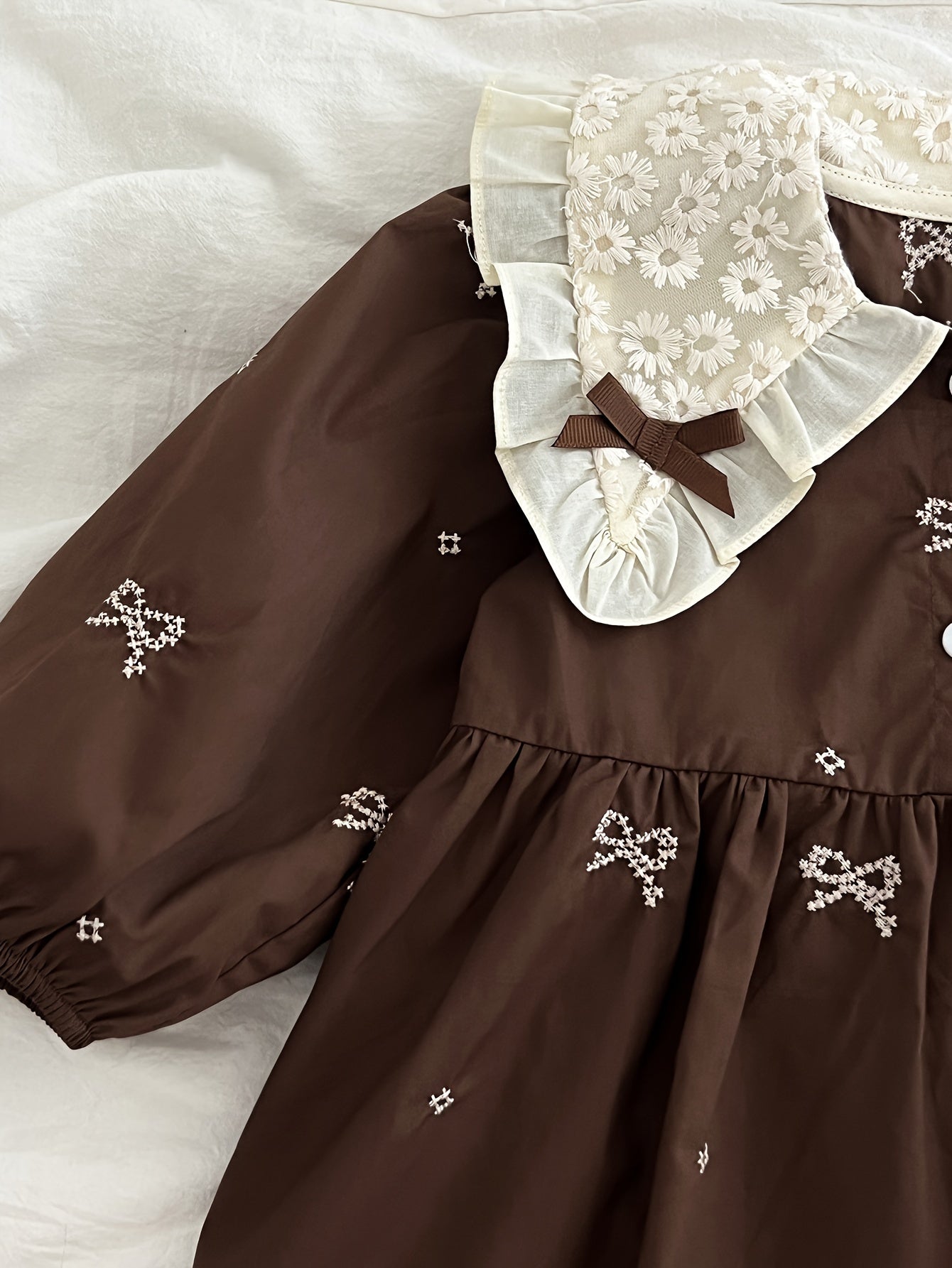 Baby Girl Floral Embroidered Cotton Long-Sleeve Romper for Spring Fall Outdoor Wear