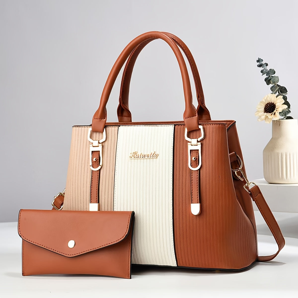 Black Elegant Tote Bag with Fixed Shoulder Straps Zipper Closure and Matching Clutch