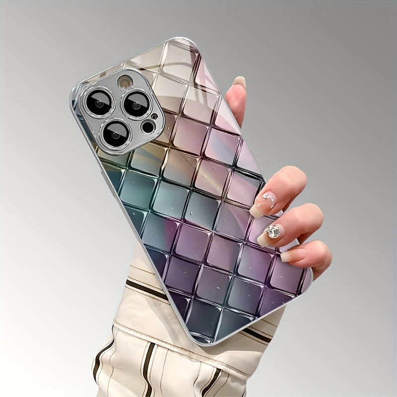 Rang-barang shisha teksturasi olmos tarmog'i naqshli telefon qobig'i, linza himoyasi bilan, iPhone modellari uchun