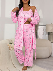 Plus Size Women's Floral Butterfly Print Pajama Set with Long Sleeve Robe Cami and Pants