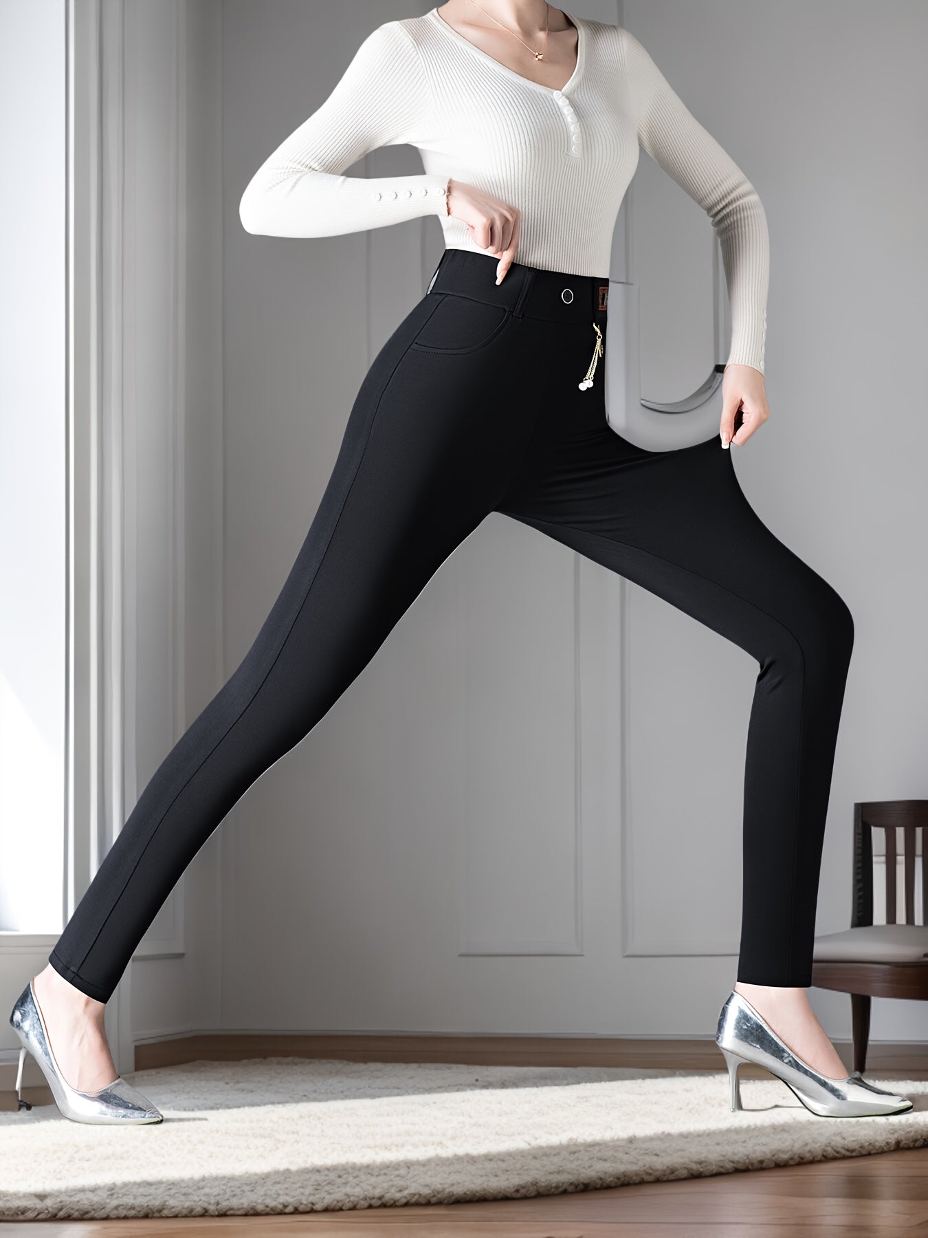 Women's Navy Blue High-Waist Leggings Slimming Stretch Fit Small Pockets
