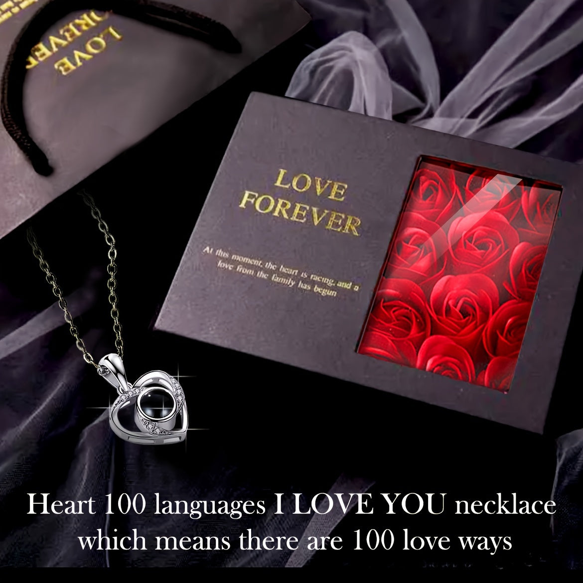 Heart Pendant Necklace Set with Red Rose for Valentine's Day and Gift