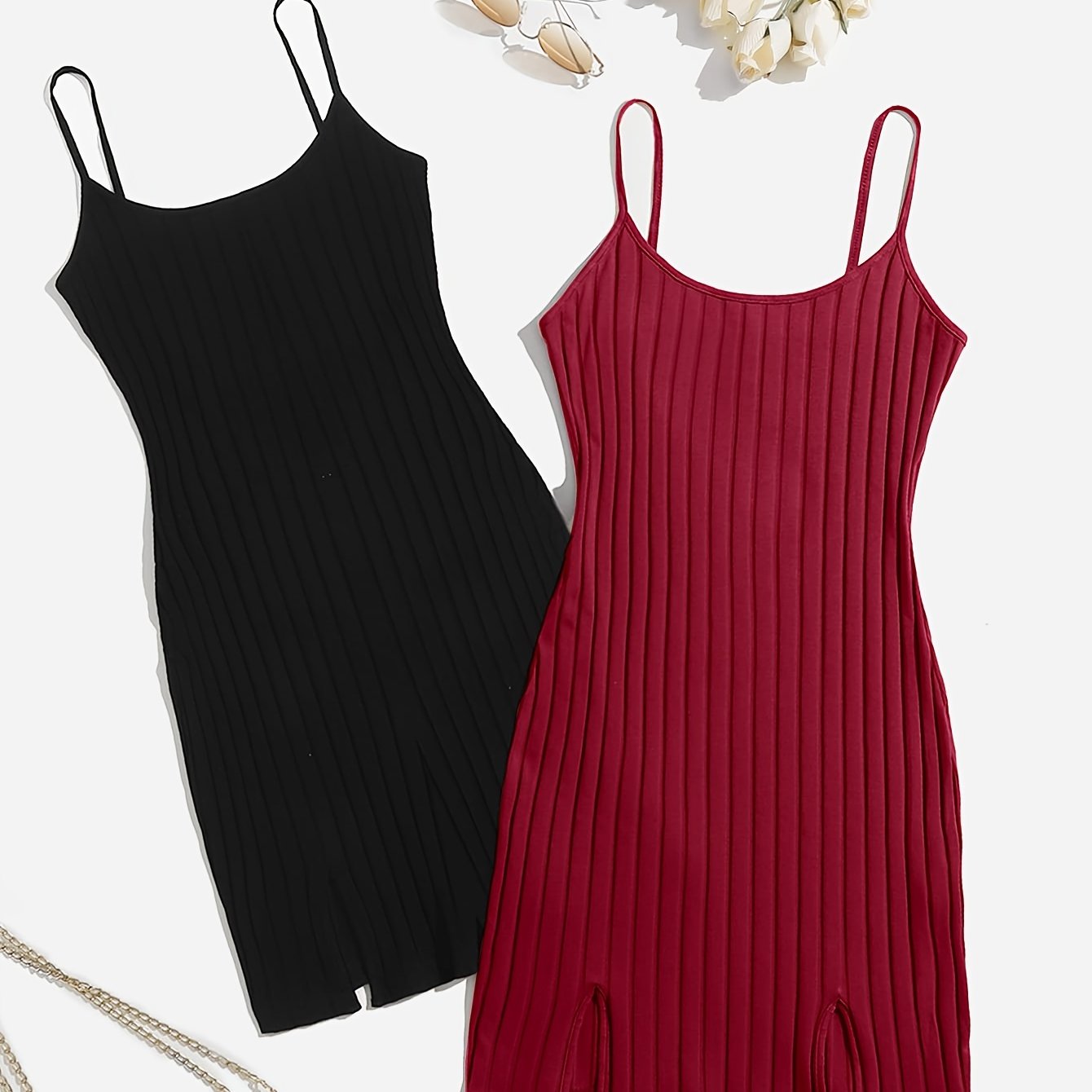 Vestidos de descanso de canalé para mujer de color sólido con cuello redondo y abertura, tejido de punto para todas las estaciones