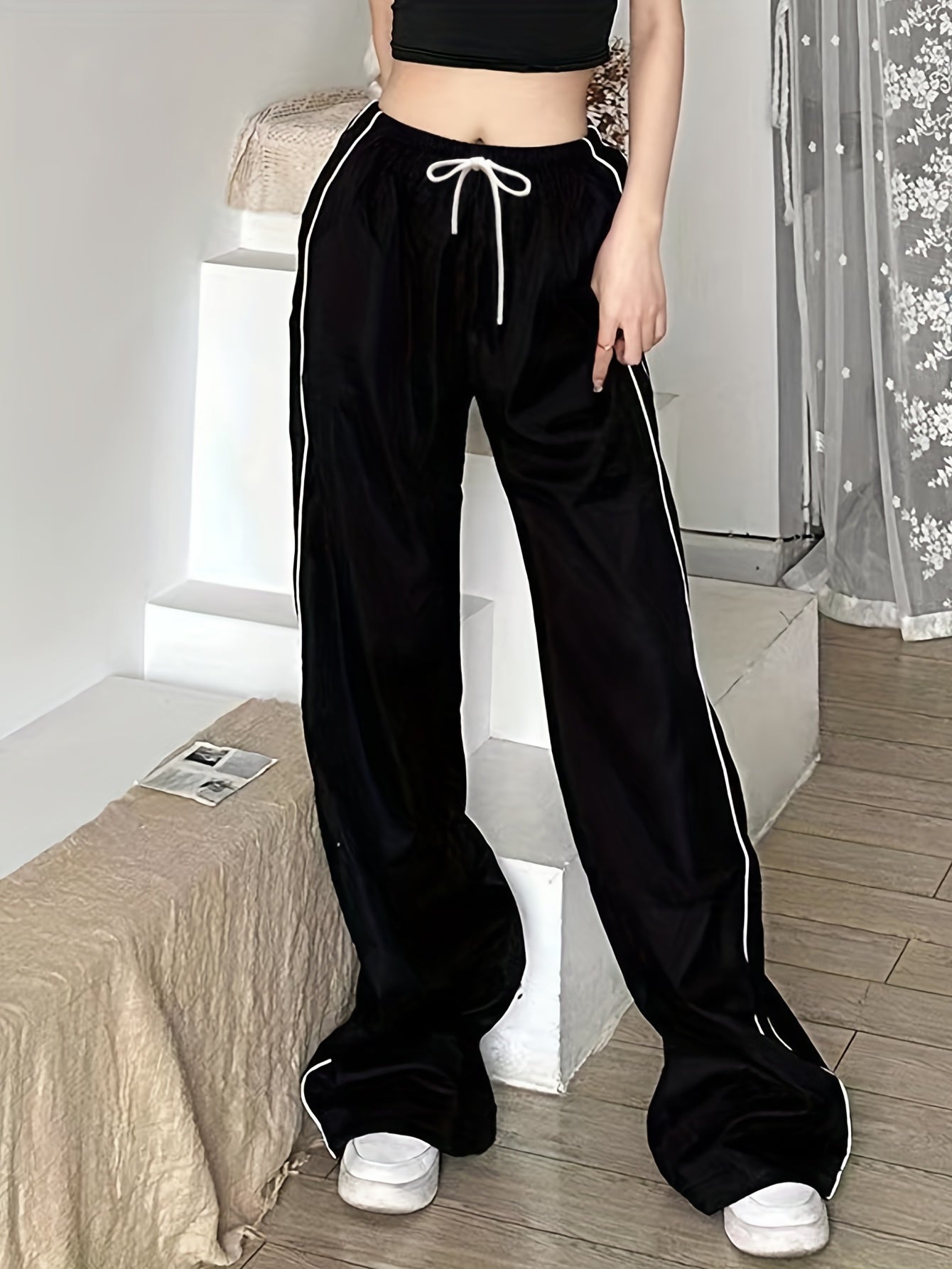 Women Y2K Baggy Pants with Contrast Drawstring Waist and Slant Pockets