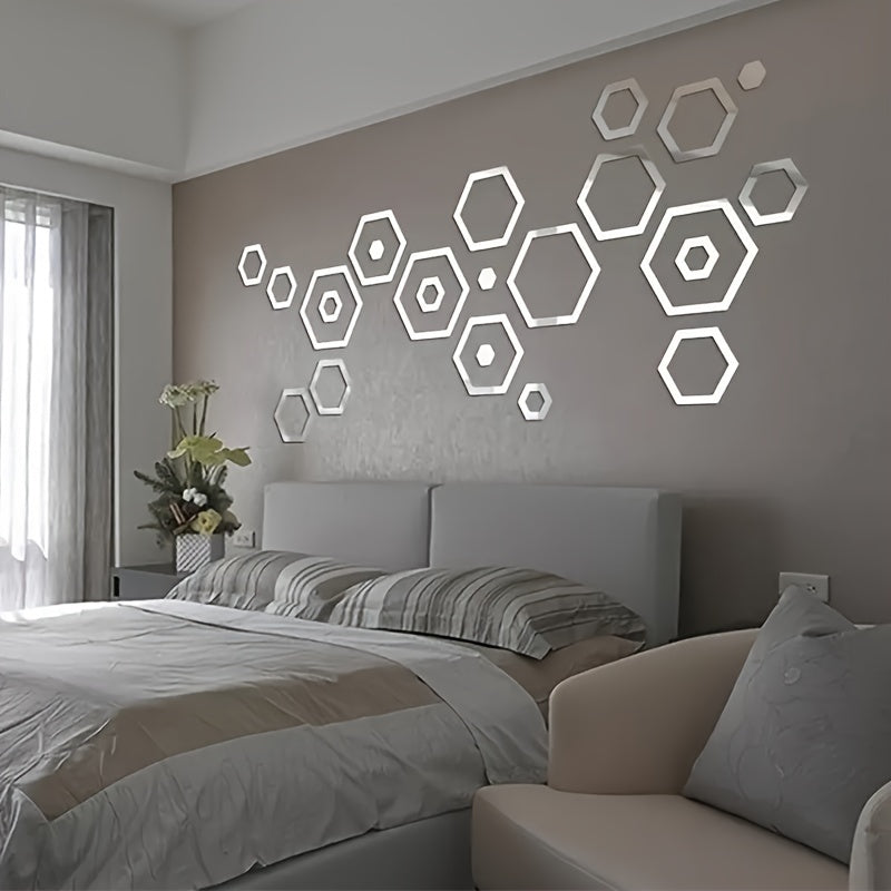 Hexagon 3D Wall Mirror Stickers Acrylic Decals Glam Style Self-Adhesive Polished Finish Vertical Irregular Shape Home Decor