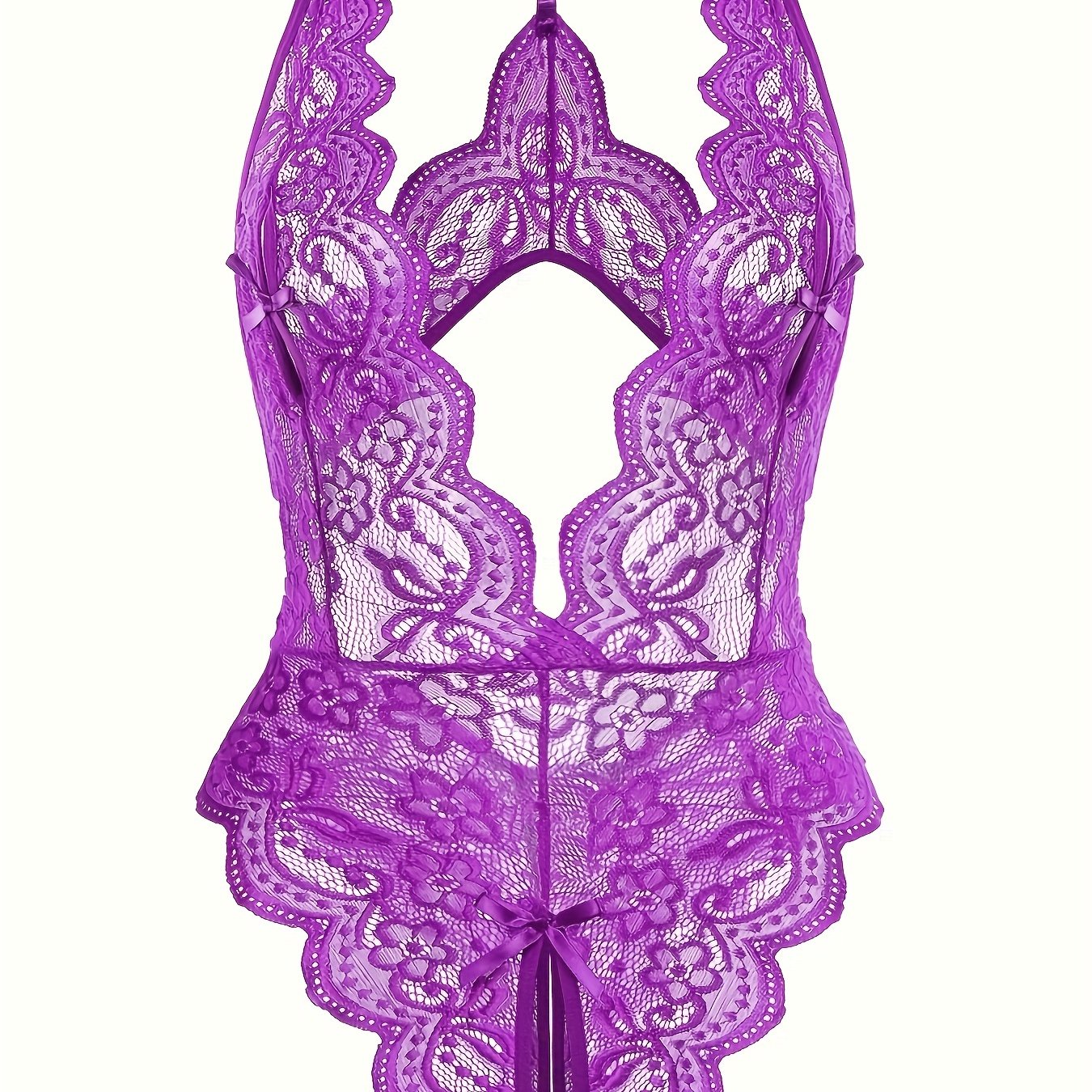 Plus Size Lace Bodysuit Women's Crotchless Halter Teddy with Rhinestones