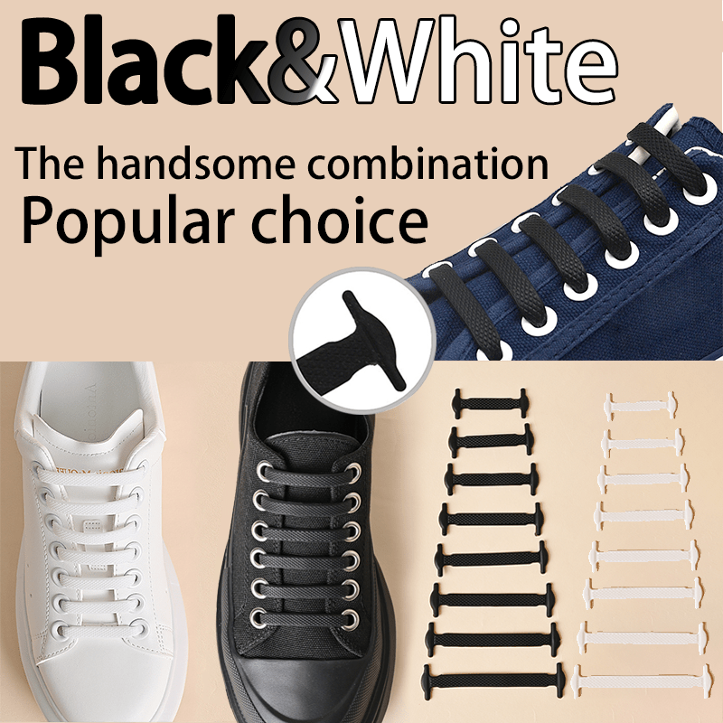 Set of 16 Silicone Stretch Shoelaces for Athletic and Casual Shoes Black White