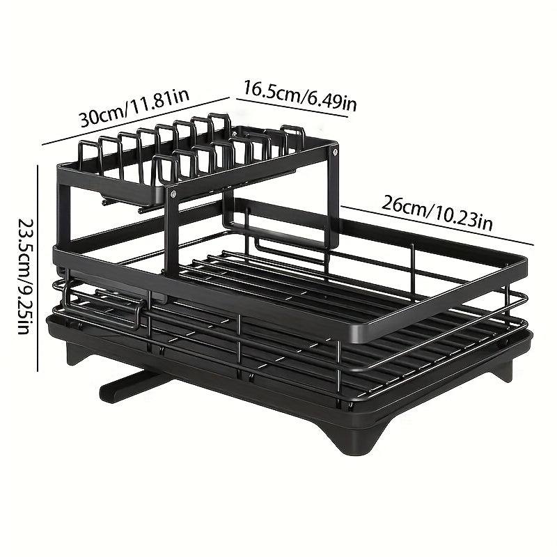 Double Layer Dish Rack with Drainboard and Utensil Holder for Kitchen Countertop Storage