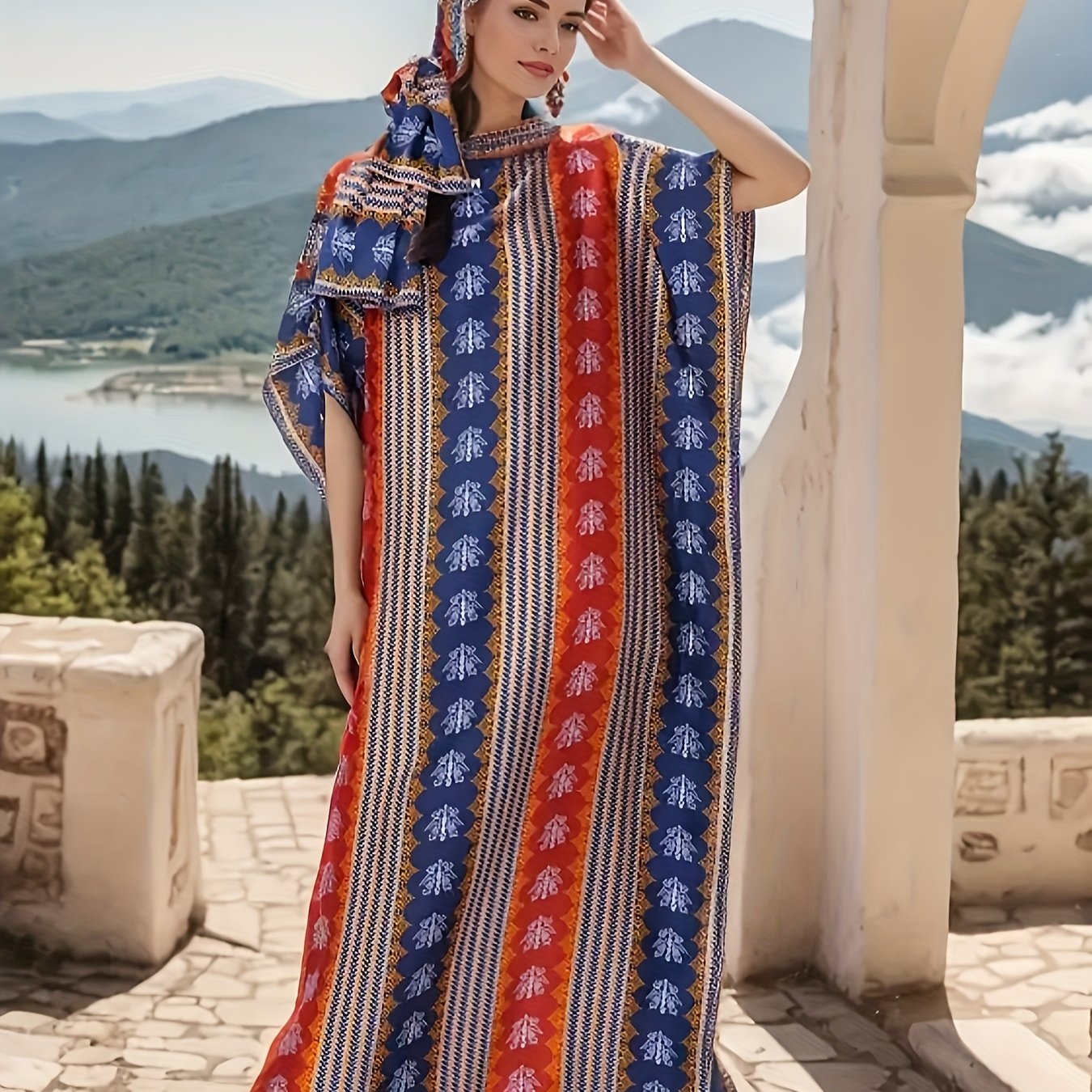 Vestido caftán con estampado geométrico para mujer con bufanda, ajuste holgado, para todas las estaciones, marrón y blanco