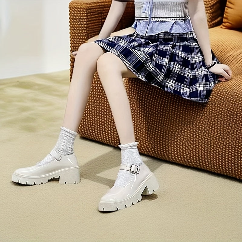 Women Vintage Mary Jane Shoes Thick Sole High Heels Evening Wear