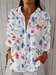 Plus Size Women's Floral Print Long Sleeve Button Front Shirt