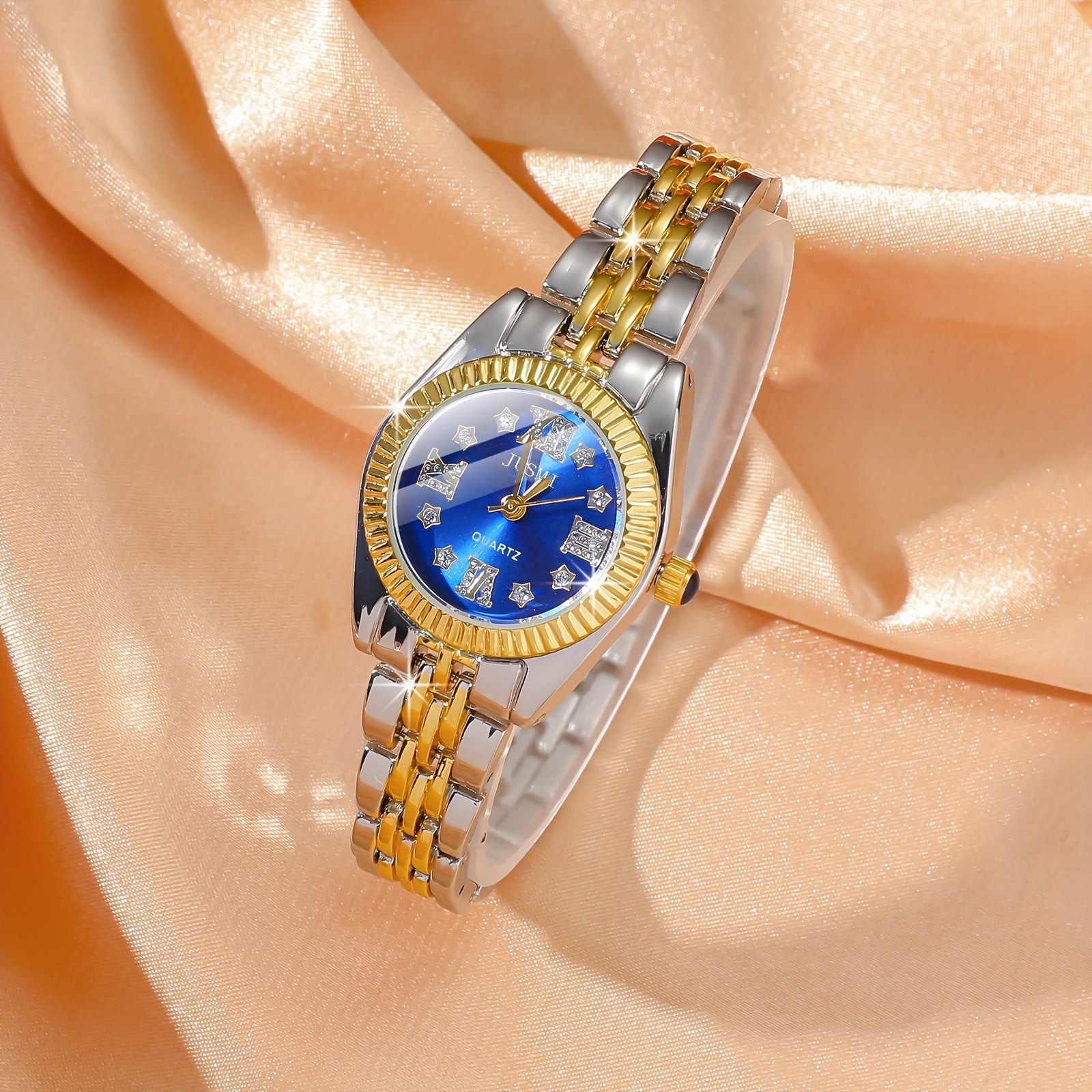 Women's Watch with Aurora Shell Diamonds Roman Dial Gold Steel Quartz Strap