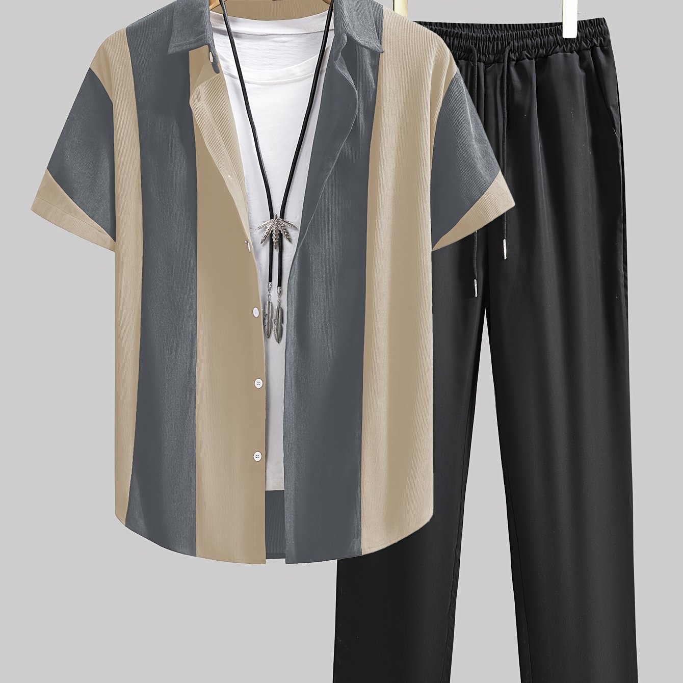 Erkaklar uchun tasodifiy rangli blokli chiziqli yengli tugmachali ko'ylak va tashqi faoliyatlar uchun tortishishli shimlar to'plami