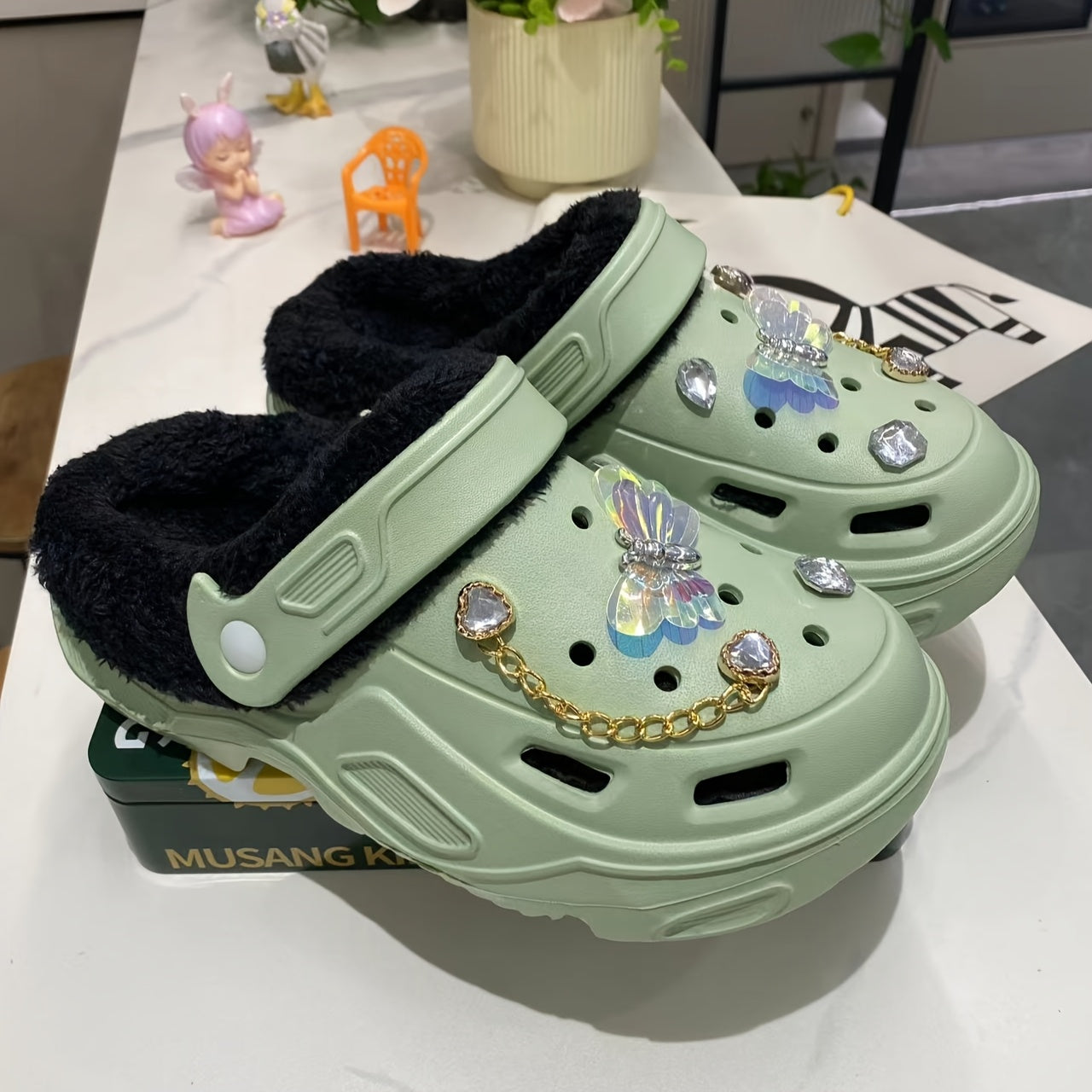 Women's Warm Plush Lined Shoes with Butterfly Heels and Bear Accessories