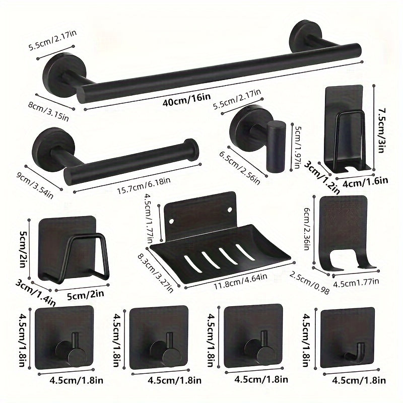 11-Piece Stainless Steel Bathroom Set Black and Silver Modern Accessories with Towel Bar Hooks and Soap Dish
