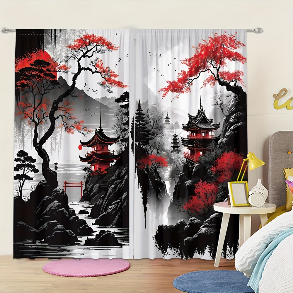 Set of 2 Japanese Mountain Ink Painting Print Curtains Polyester Rod Pocket for Living Room Bedroom Kitchen