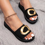 Women's Black Geometric Gold Accent Slip-On Flat Sandals with EVA Sole