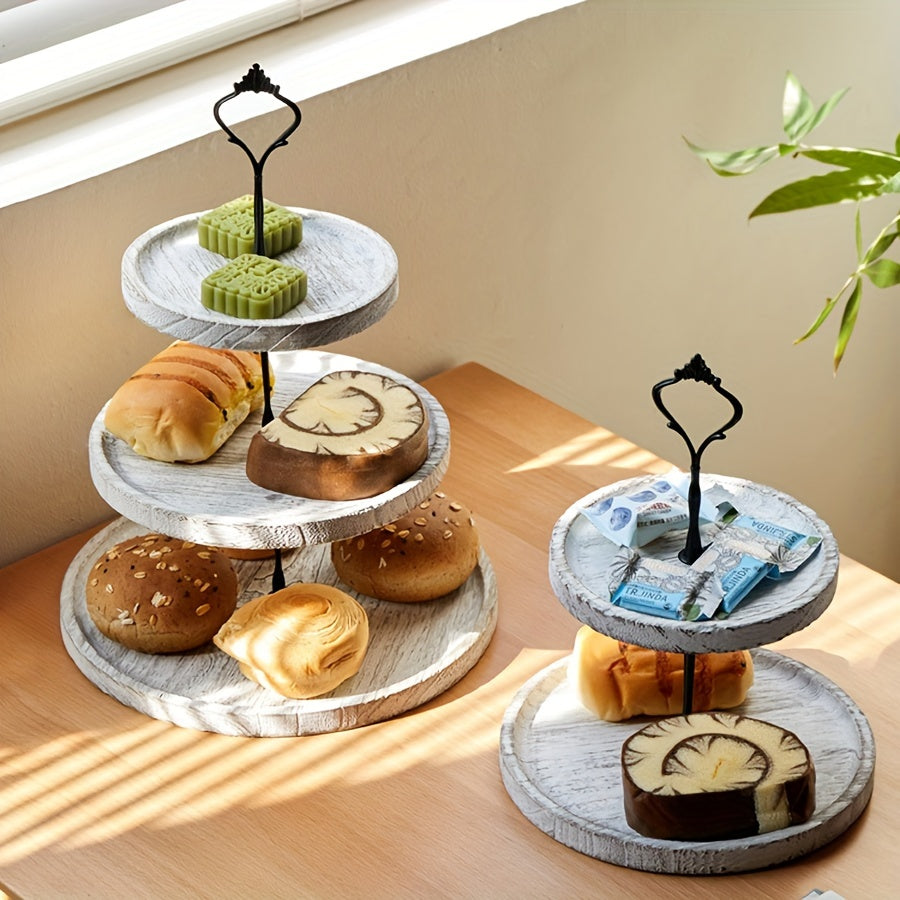 Soporte para pasteles de madera rústica con detalles de hierro para eventos y decoración