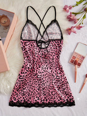Leopard Print Satin Nightgown for Women with Lace Trim V-Neck Side Split Sleeveless