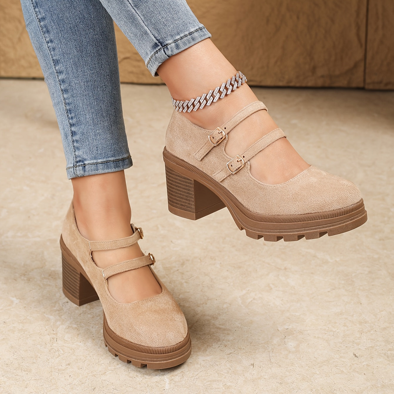 Women's Retro Chunky Heel Mary Jane Dance Shoes Beige Platform Slip-On Loafers