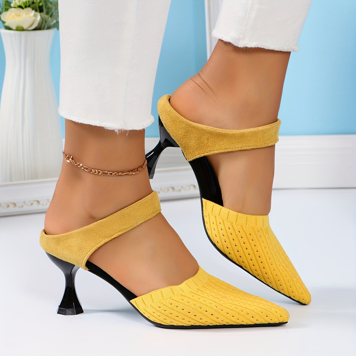 Women's Knit Fabric Slingback Sandals Pointed Toe High Heel