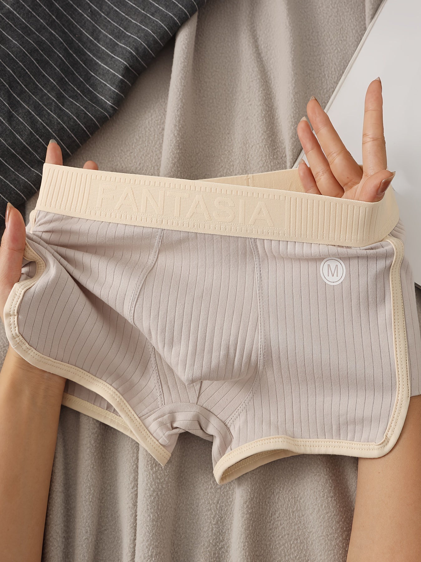 Men's Ribbed Cotton Boxer Briefs 3-Pack Geometric Pattern Knit Medium Stretch Shortie Underwear