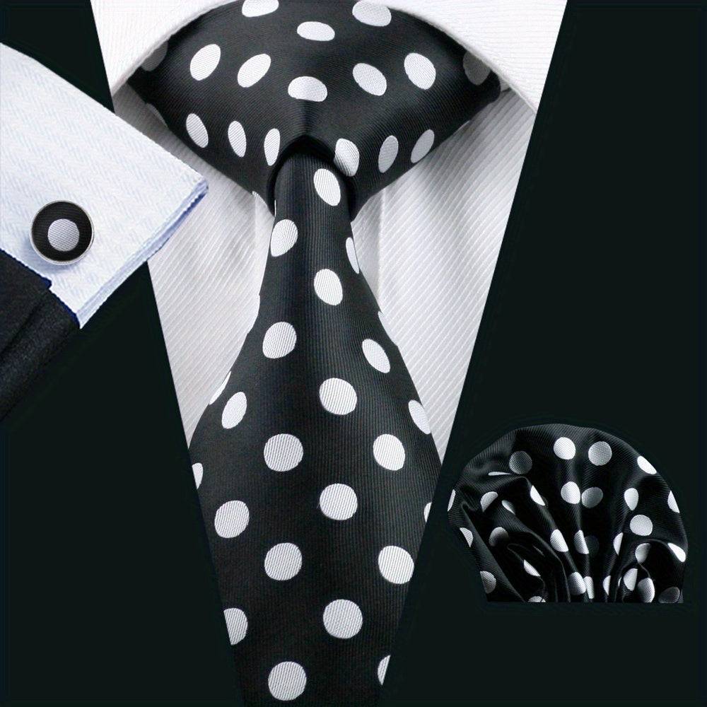 Men's Jacquard Woven Black Tie Set with Cufflinks and Hanky for Weddings and Business
