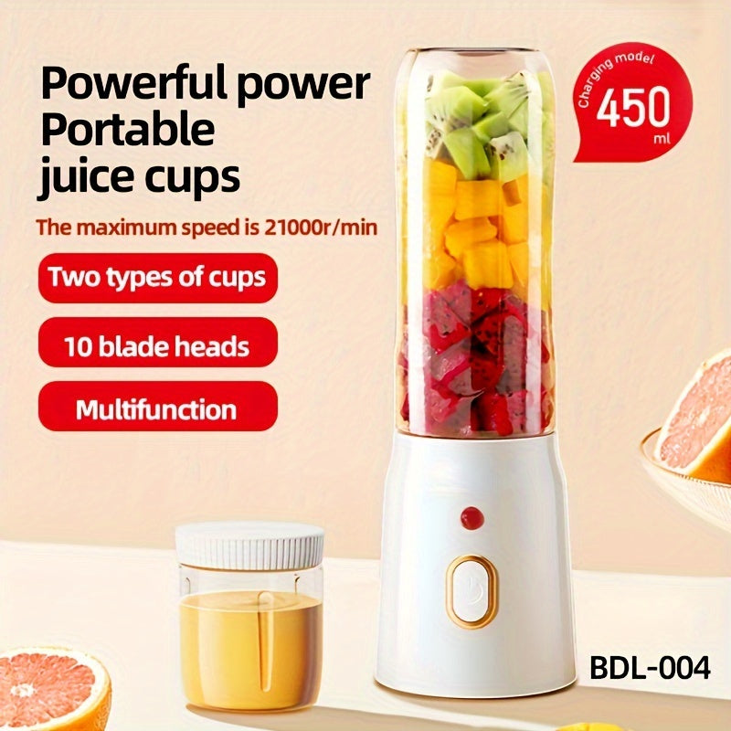 Portable Mini Blender and Juicer with 15oz Capacity, USB Rechargeable, 10 Stainless Steel Blades