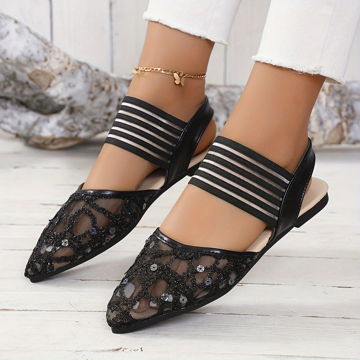 Women's Mesh Pointed Toe Sandals Breathable Slip-On Flat Shoes