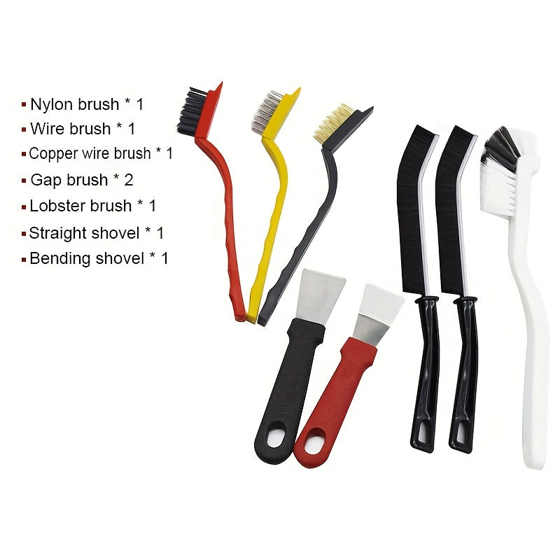 8 ta ko'p funksiyali tozalash cho'tkalari to'plami - oshxona, hammom va tashqarida tozalash uchun mustahkam zanglamaydigan po'lat va plastik asboblar - pech, gaz plitasi, muzlatgich bo'shlig'i, piyolalar va boshqalar uchun cho'tkalar kiradi.