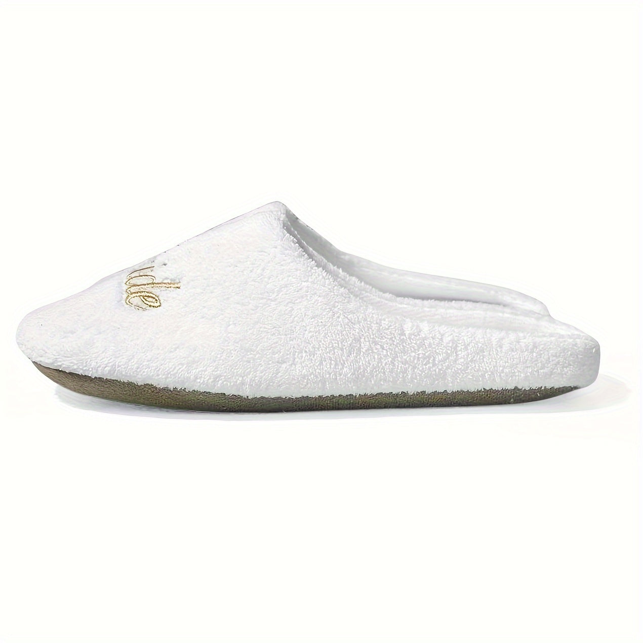 Ayollar uchun oq mo'rt va shilimshiqlik bilan bezatilgan to'yli va oltin harflar bilan yozilgan uy poyabzali