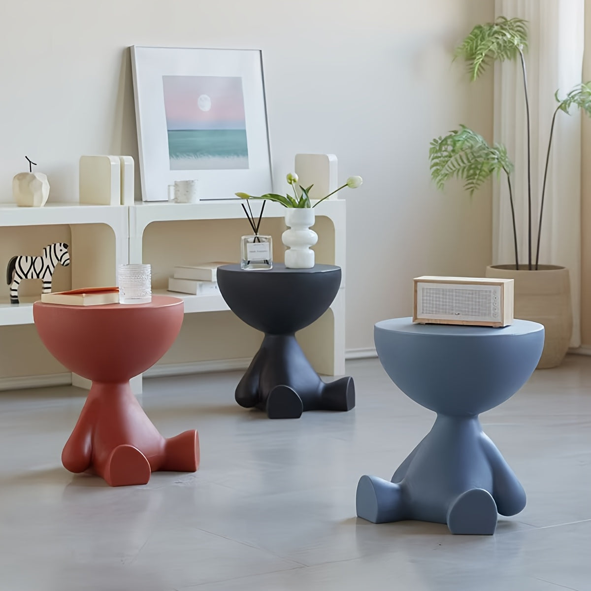 Mesita de noche moderna de plástico con forma de oso creativo, blanca, para dormitorio y sala de estar, almacenamiento