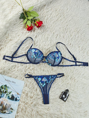 Women's Floral Embroidered Lingerie Set with Cutout Bra and Mesh Thong