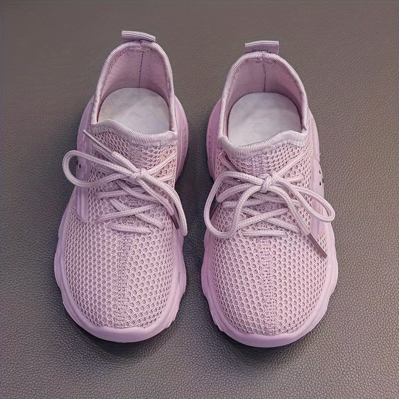 Kids' Pink Knit Sneakers with Cartoon Bear Design Non-Slip Rubber Sole Lace-Up