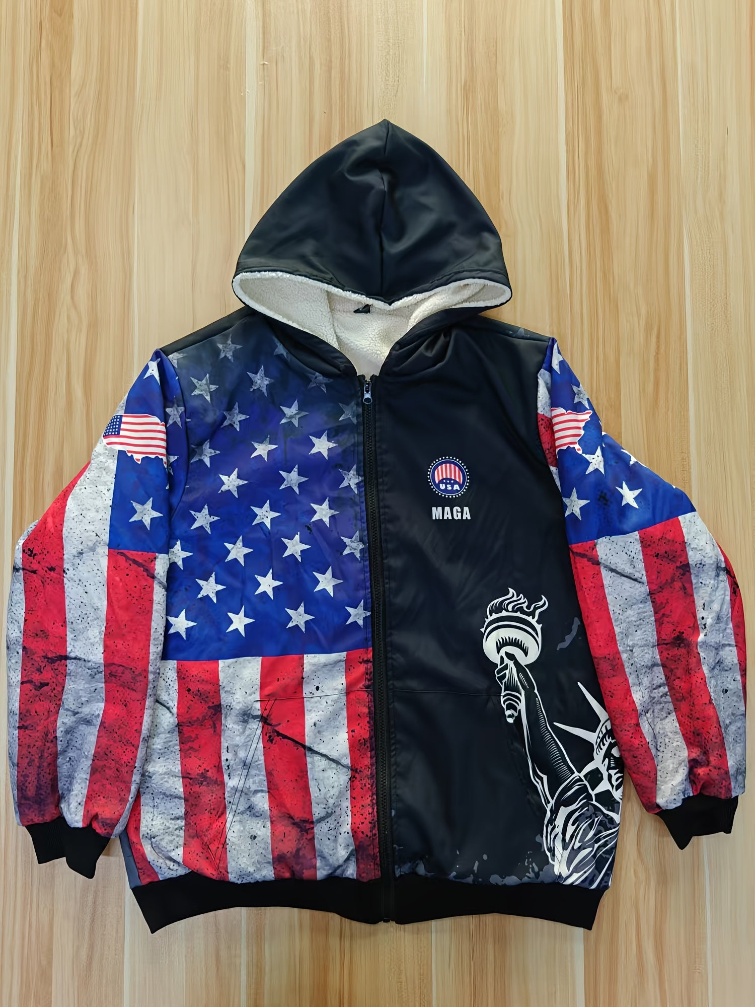 Erkaklar uchun Amerika bayrog'i va Ozodlik haykali printi bilan bezatilgan kapüşonli patriotik kurtka, katta va baland o'lchovlar, shamol to'suvchi uslub, polyester bilan astarlangan, tasodifiy, qo'l bilan yuvish yoki quruq tozalash, plus o'lchov.