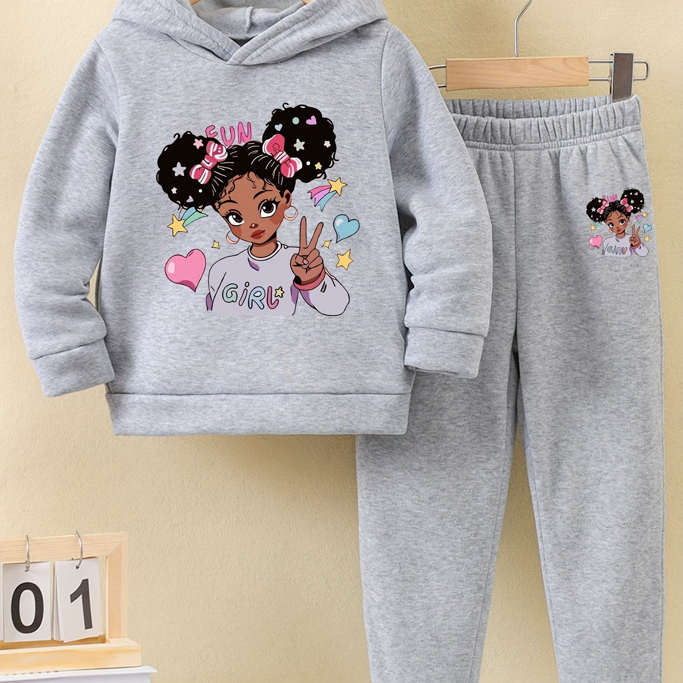 Girls' Fleece-Lined Autumn Winter Hoodies and Sports Pants with Printed Patterns