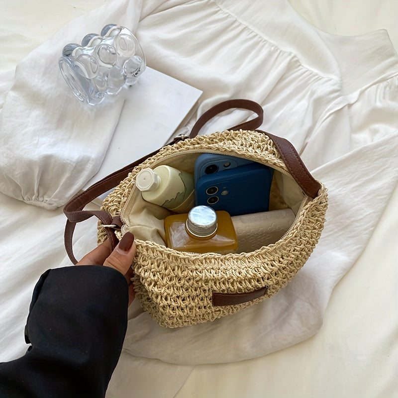 Ayollar uchun qo'l bilan tayyorlangan rattan xoch sumkasi, yoz uchun to'qilgan somon yelka sumkasi.