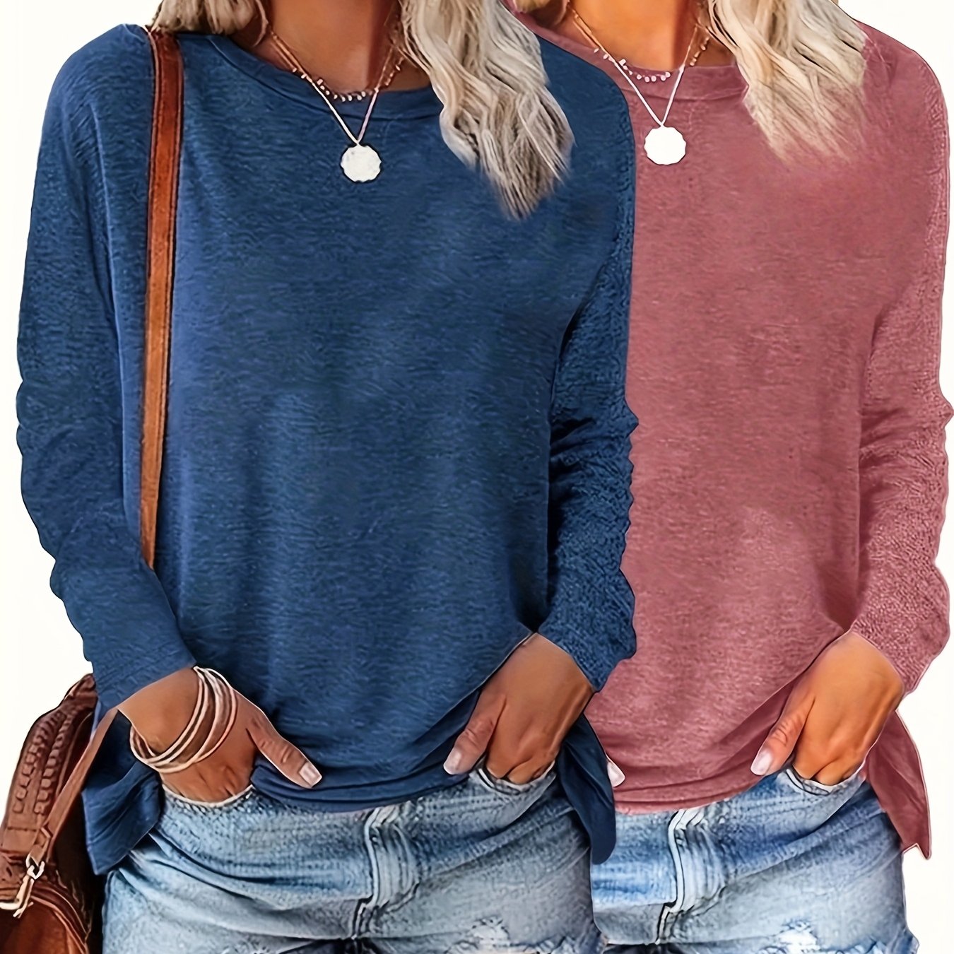 Women's Long Sleeve Round Neck Blouses Pack Navy Pink Casual Spring Fall