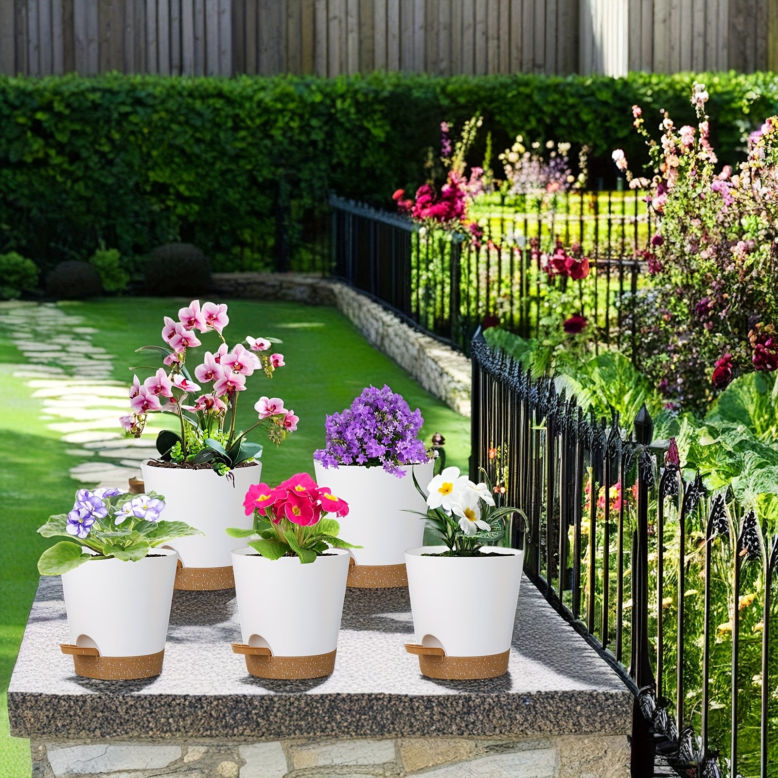 Set of 5 5-Inch Plastic Self-Watering Flower Pots with Drainage Holes and Trays for Indoor Outdoor Gardens
