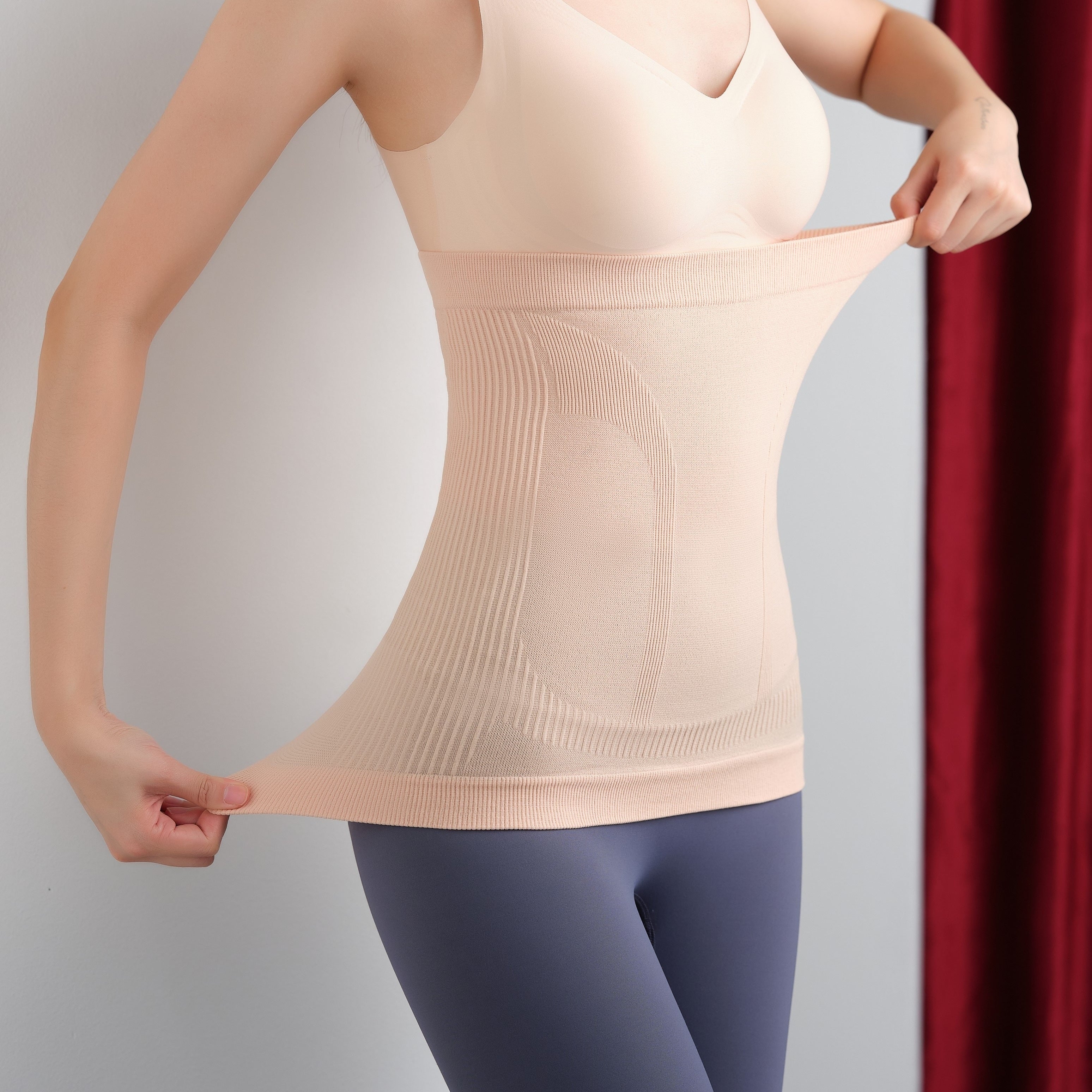 Entrenador de cintura beige para mujer, con costuras en relieve, control de abdomen, soporte lumbar, mezcla de nylon, para todas las estaciones