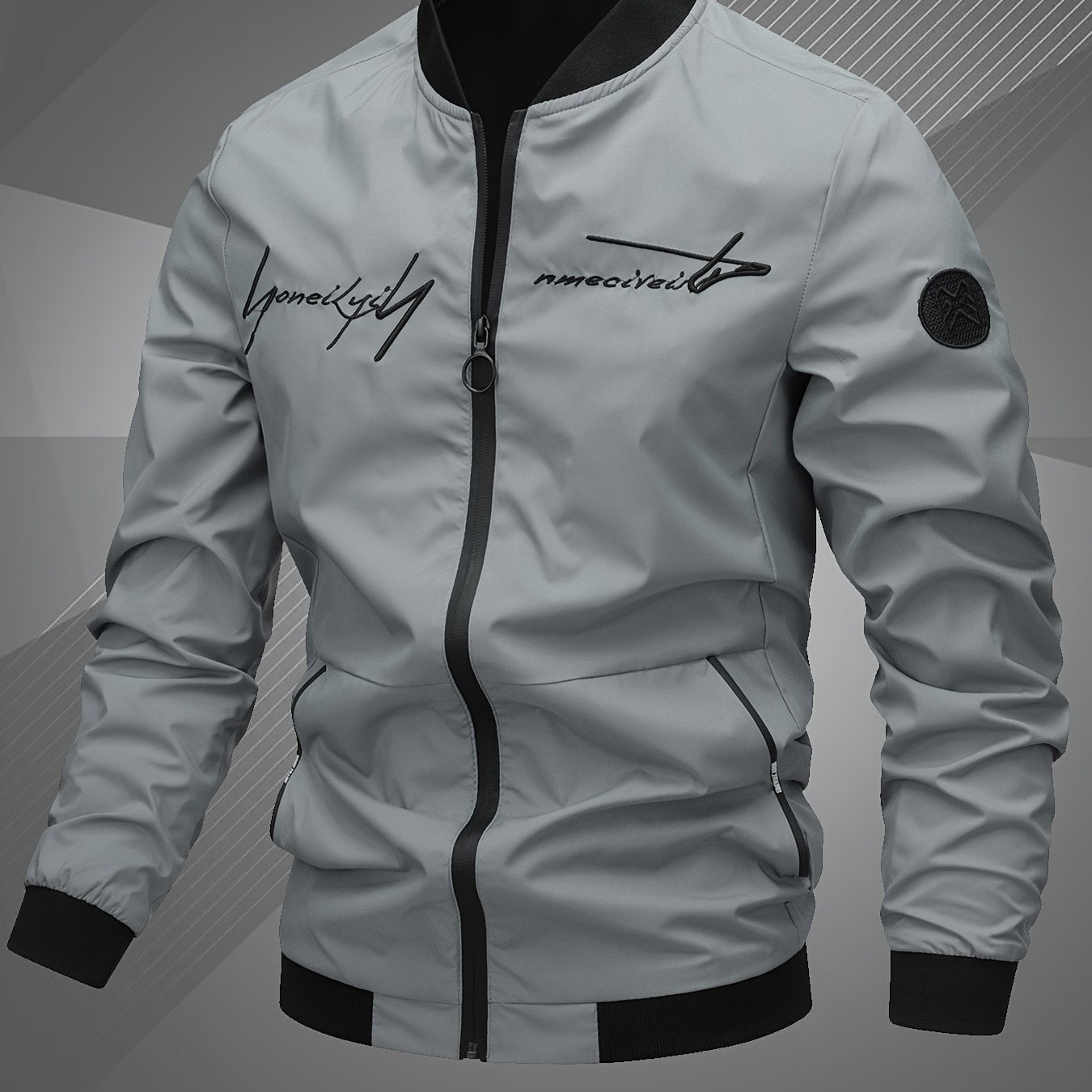 Chaqueta bomber de poliéster para hombre con letras bordadas, con cremallera, casual, deportiva