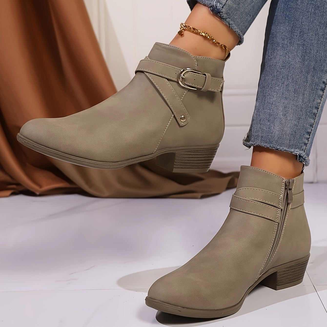 Women's Nude Short Ankle Boots Low Heel Side Zipper