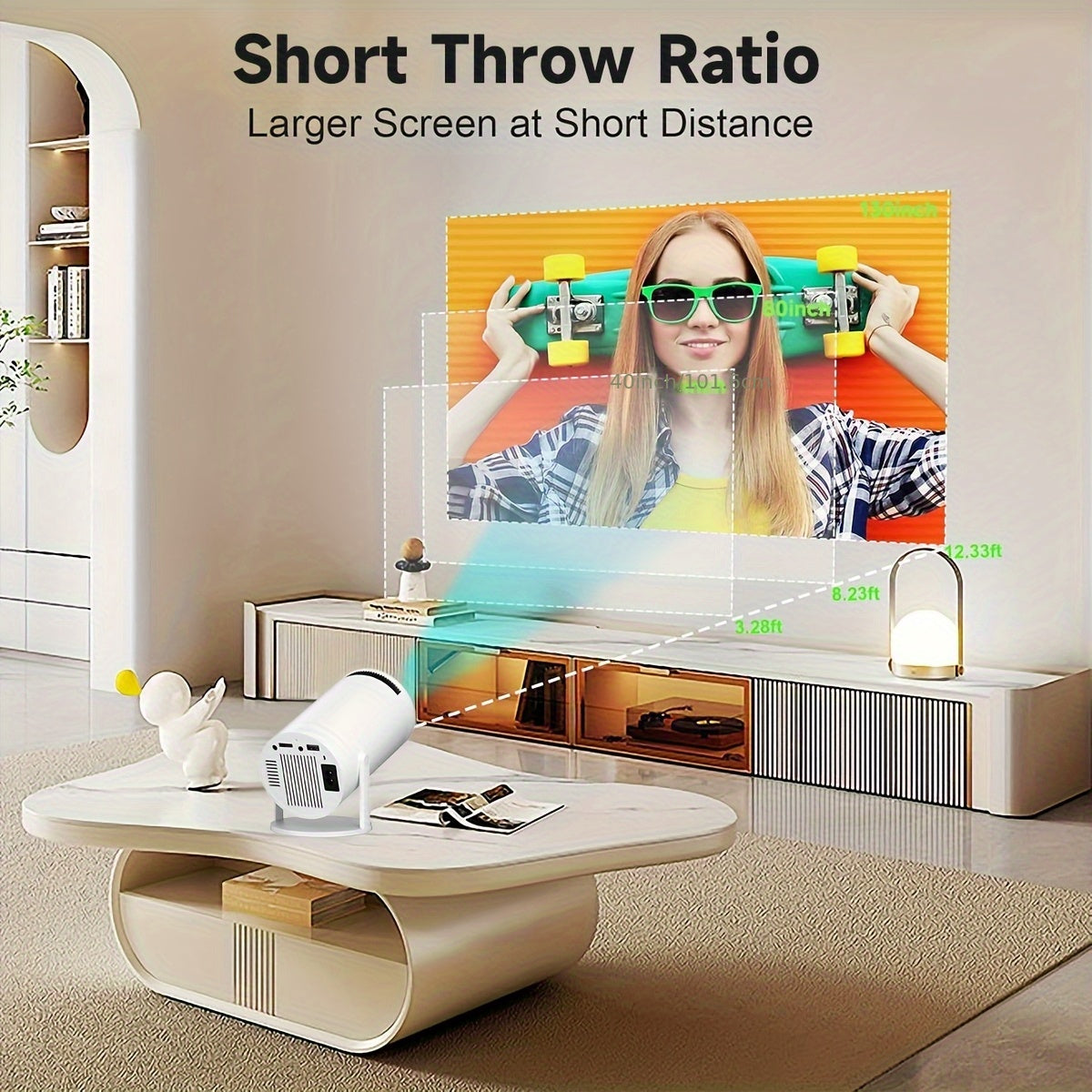 Proyector mini portátil 1080P soporte 180° rotatorio corrección trapezoidal automática blanco