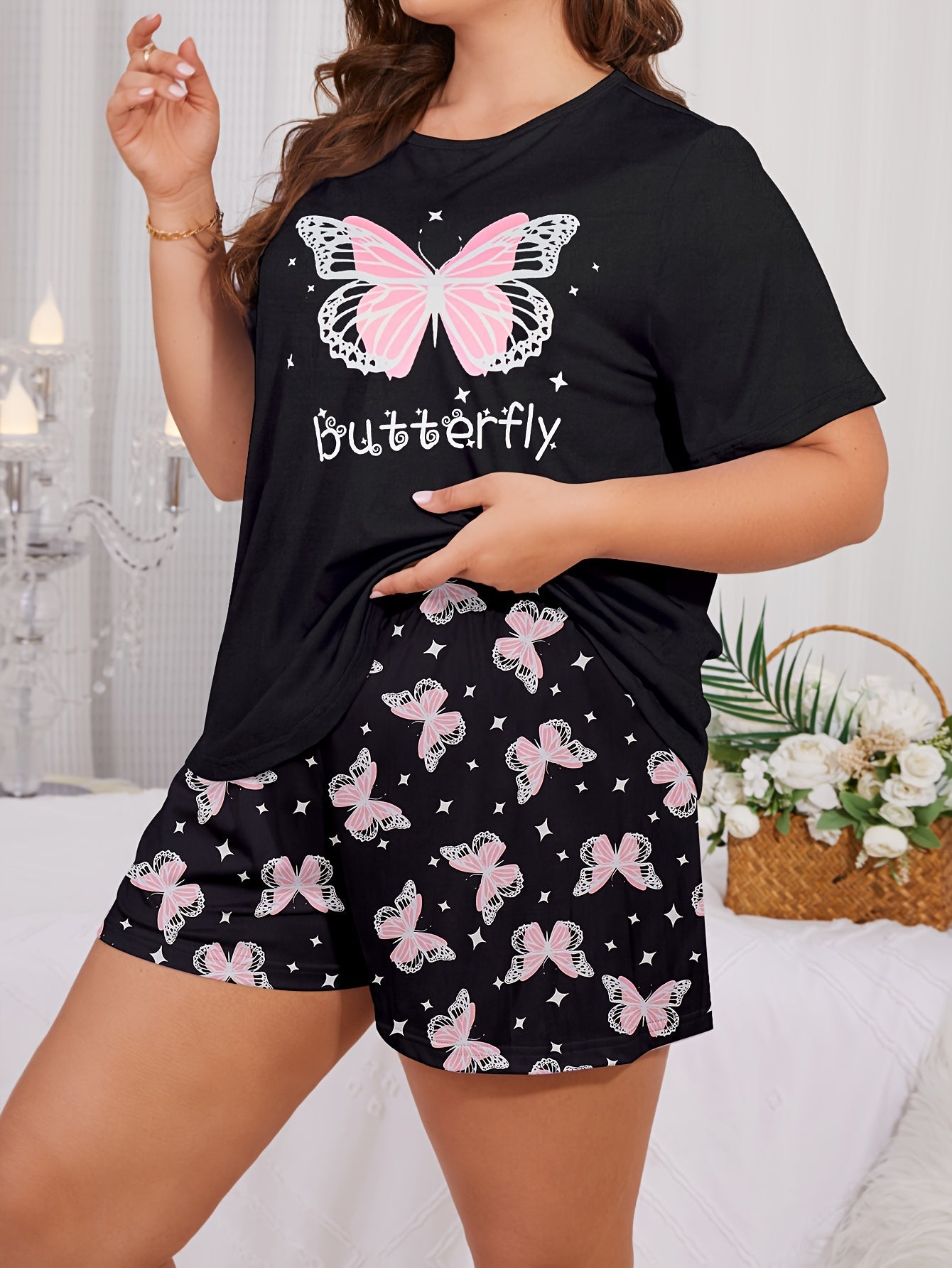 Plus Size Women's Cotton Short Sleeve Pajama Set with Butterfly Print