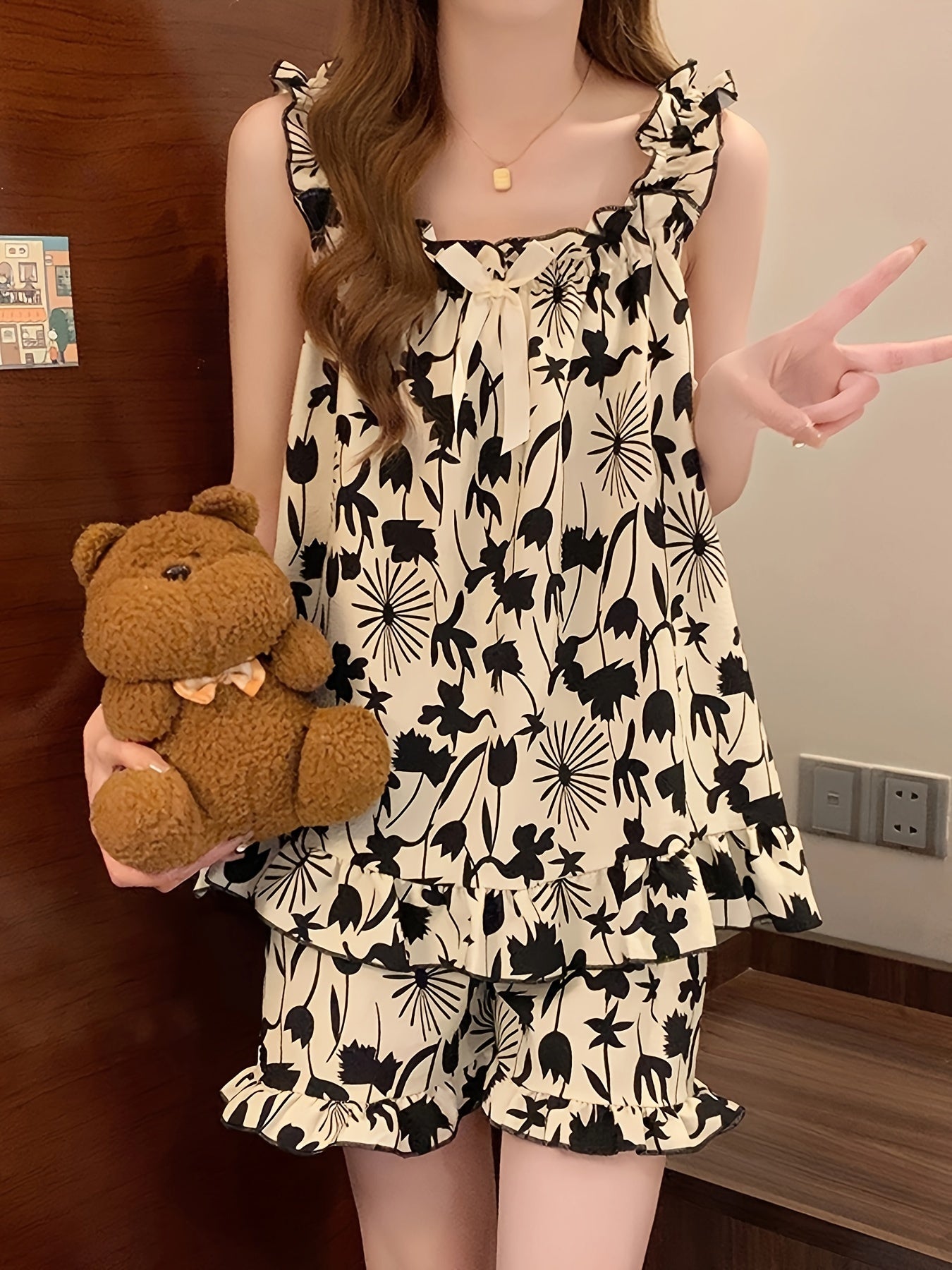 Conjunto de pijama de verano con flores para mujer, poliéster, sin mangas, con volantes, pantalones cortos y textura de burbuja