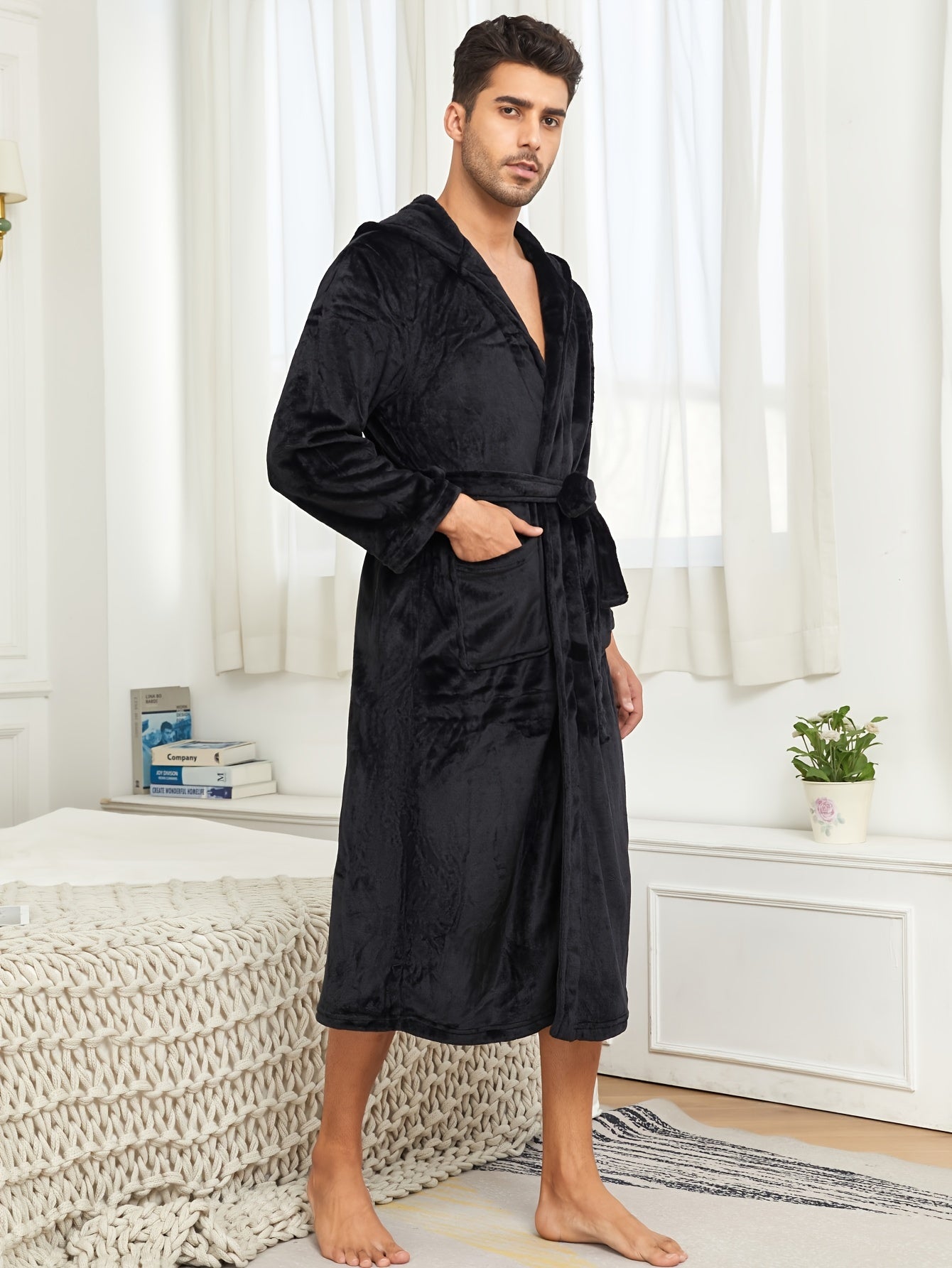 Men's Green Plush Fleece Hooded Bathrobe with Pockets and Tie Belt for Fall Winter