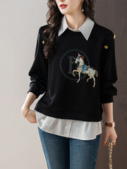 Women Black Pullover Sweater with Contrast Collar and Long Sleeves