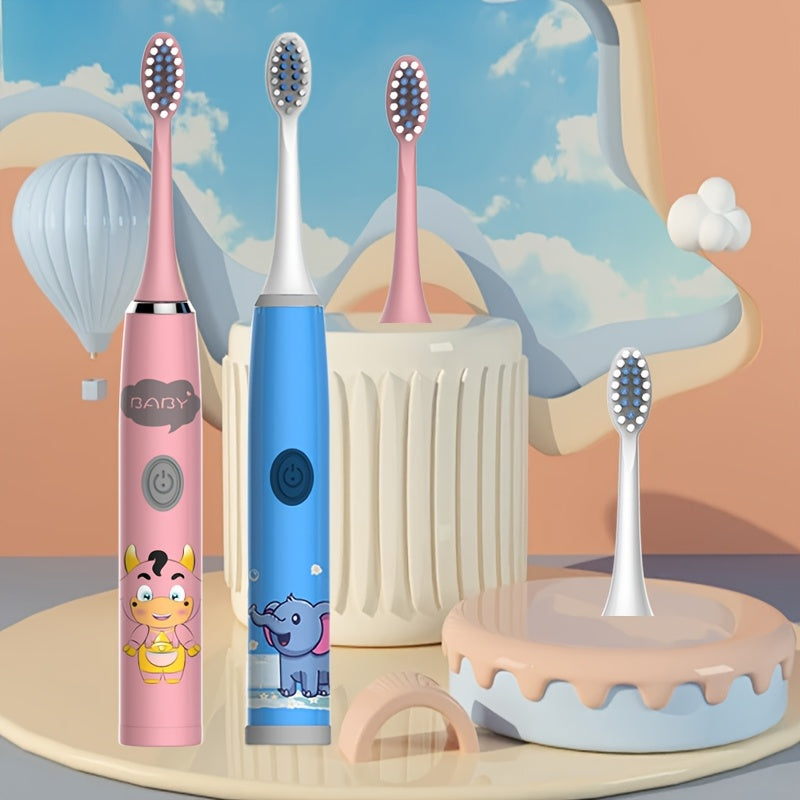 Электрическая зубная щетка для детей с 4 насадками, мягкая щетина, работает на батарейках